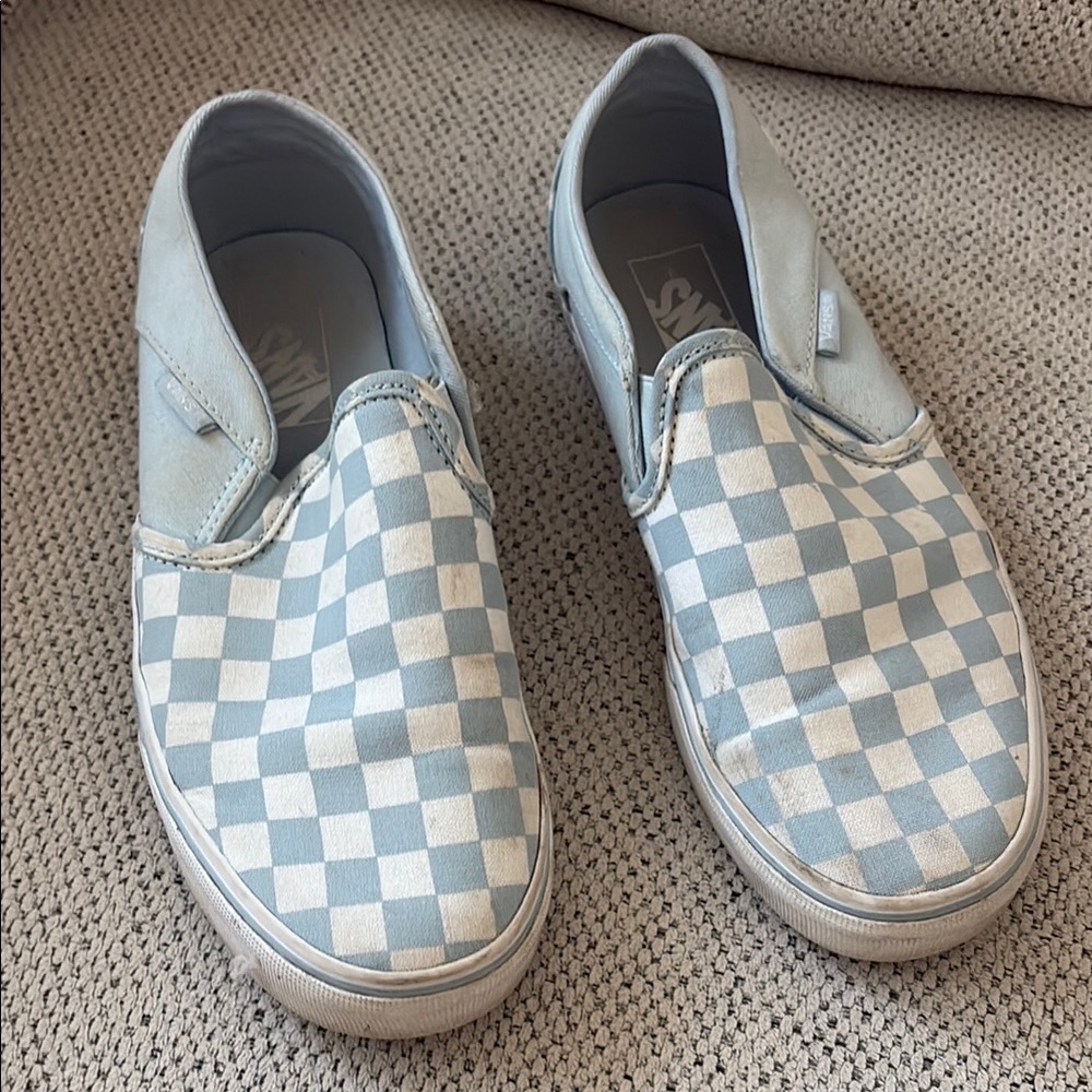 Vans Women’s Checkered Slip-On Shoes - Blue and White